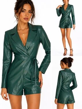Emerald Green Faux Leather Blazer Dress Mini Wrap Coat Jacket Size Small